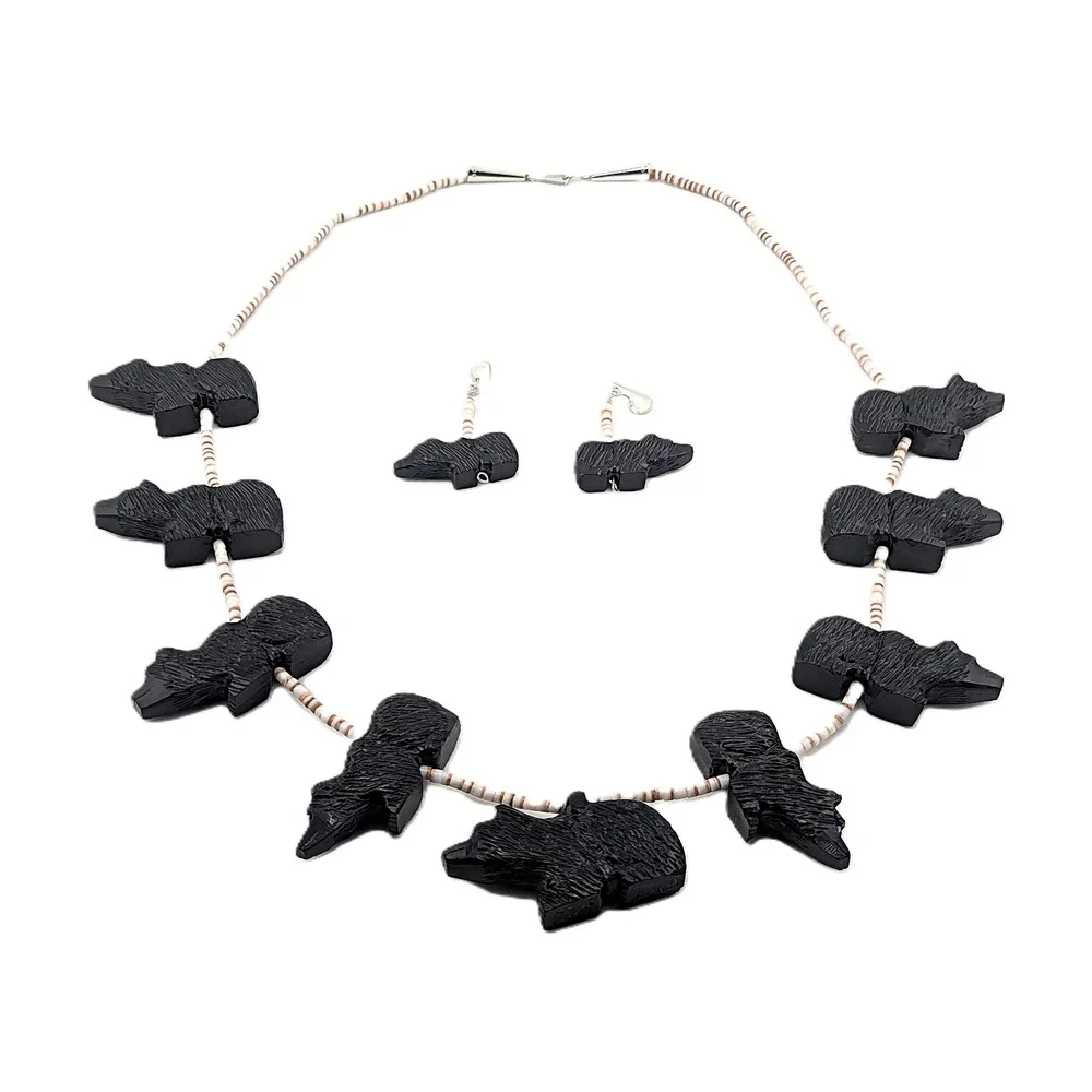 Exquisite Mike Tucson Zuni Bear Fetish Necklace Earrings Set Sterling Silver Jet
